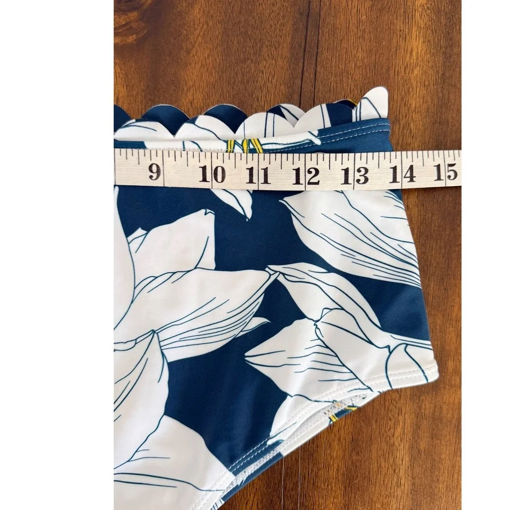 Cupshe Womens XL Bikini‎ Set Mustard Scallop Top Blue Floral High Waist Bottoms